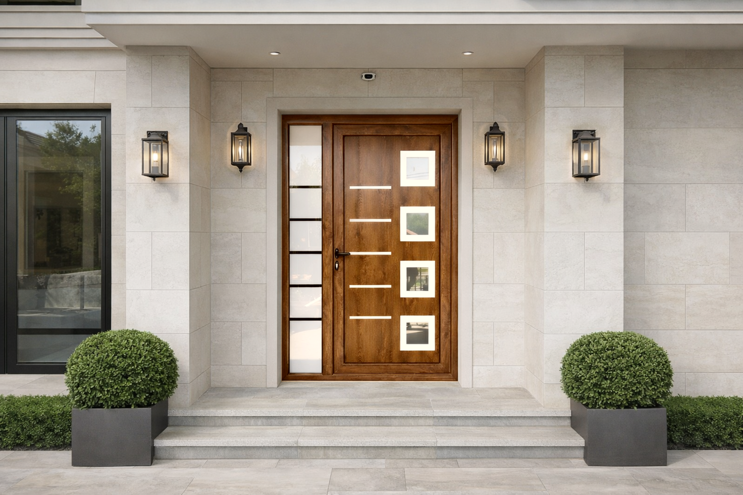 Elegantna ulazna vrata sa bočnim staklom i modernom fasadom – premium dizajn za savremenu kuću Moderna ulazna vrata u dekoru prirodnog drveta sa bočnim fiksnim staklenim panelom, inox detaljima i premium kamenom fasadom moderne kuće