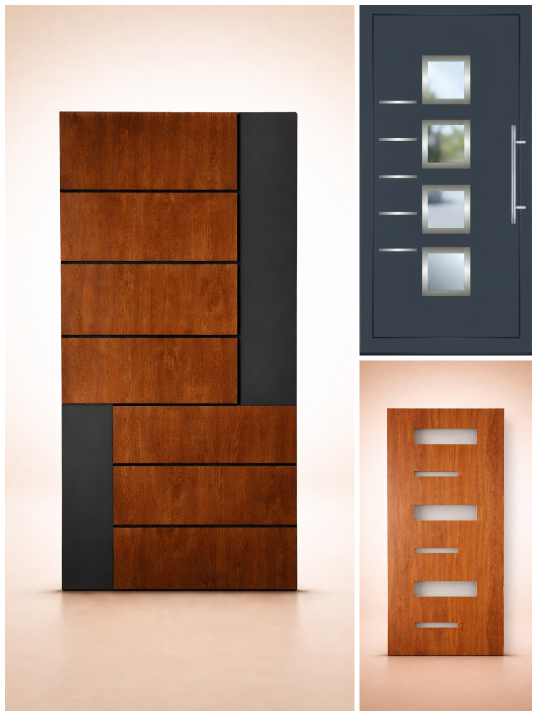 Savremena ulazna vrata i paneli u kombinaciji orah teksture i antracit završne obrade. Kolaž modernih ulaznih vrata i dekorativnih panela u dezenu toplog oraha i antracit boji, sa horizontalnim linijama i staklenim umecima.
